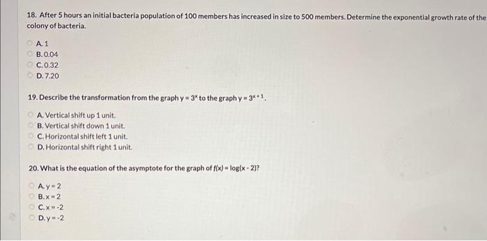 Solved 18. After 5 hours an initial bacteria population of | Chegg.com