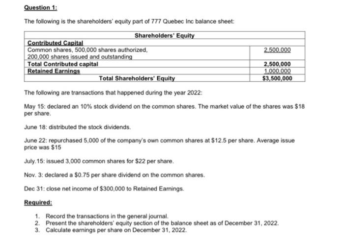 Solved Question 1: The Following Is The Shareholders' Equity | Chegg.com