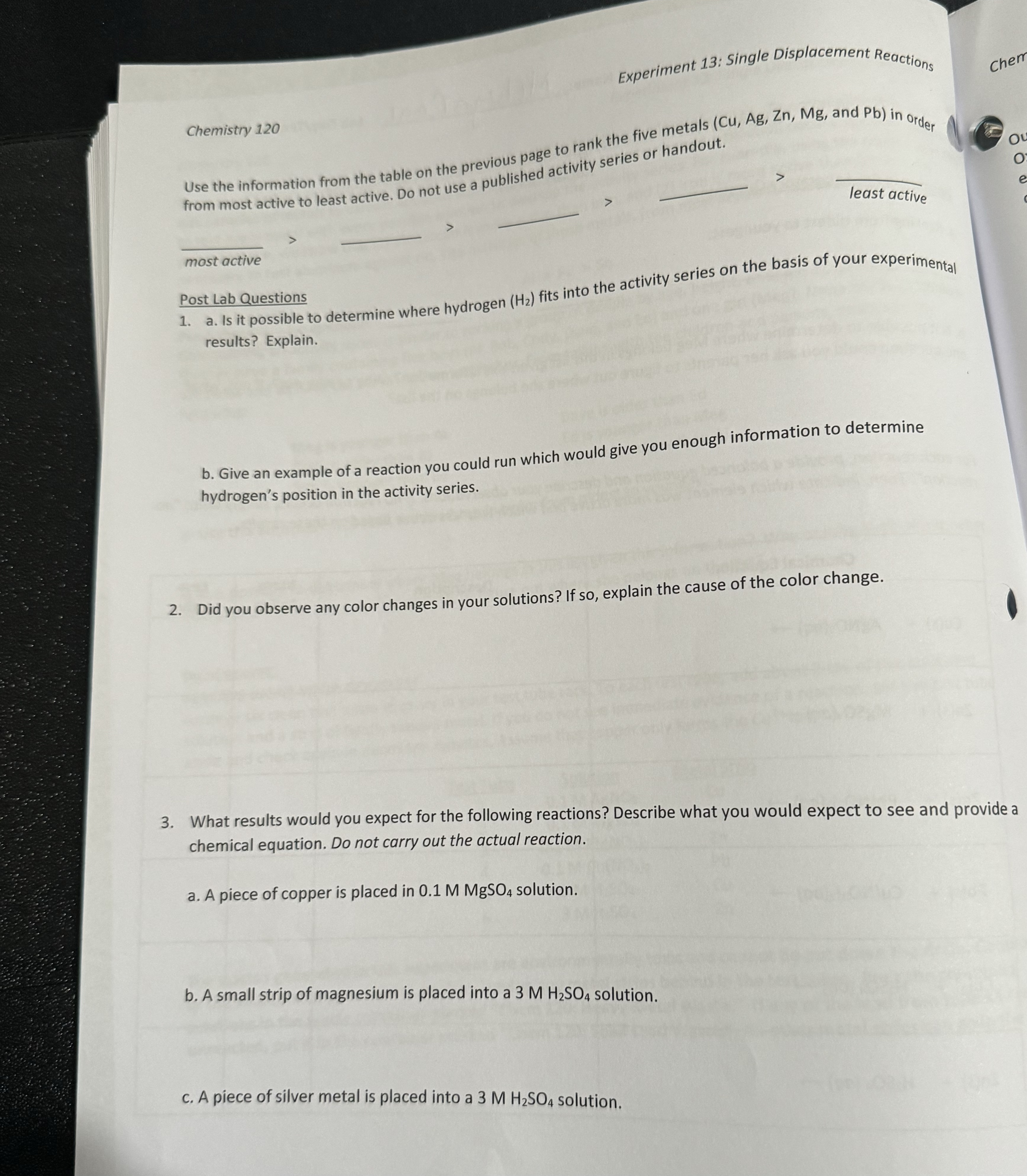 Solved Experiment 13: Single Displacement ReactionsChemistry | Chegg.com