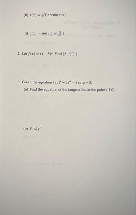 Solved 1. Find The Derivatives Of The Following Functions. | Chegg.com