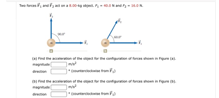 Solved Two Forces Fi And 2 Act On A 8 00 Kg Object F1