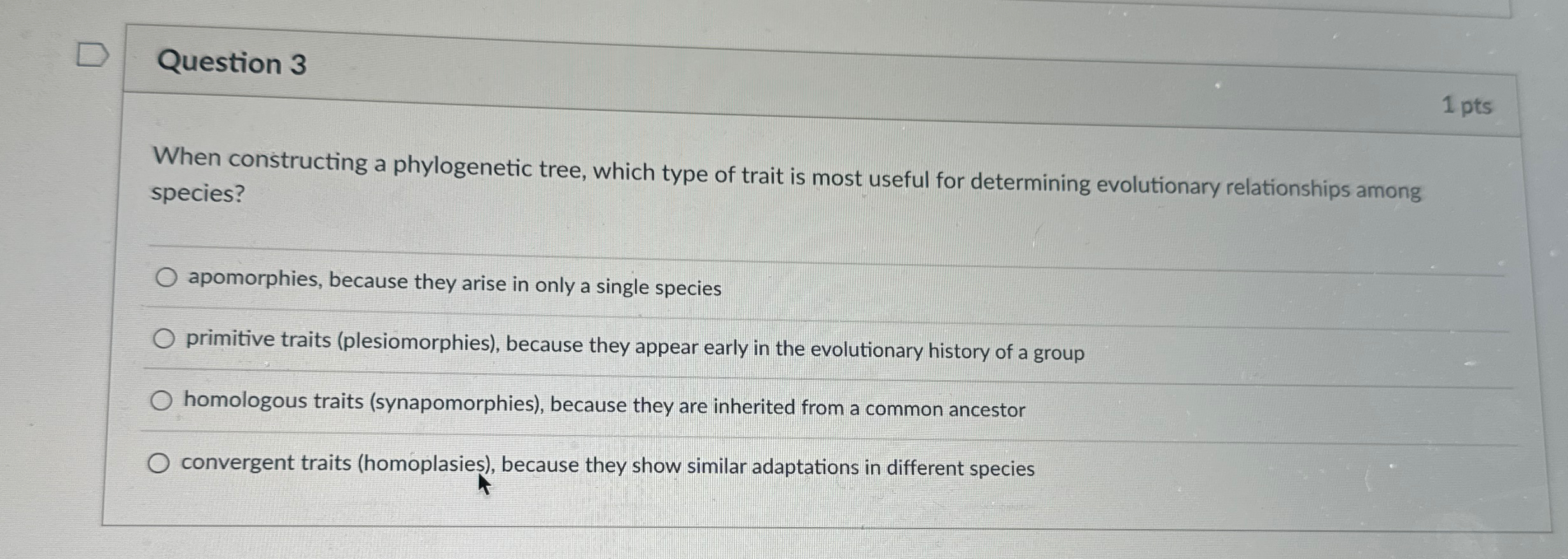 Solved Question 31 ﻿ptsWhen constructing a phylogenetic | Chegg.com