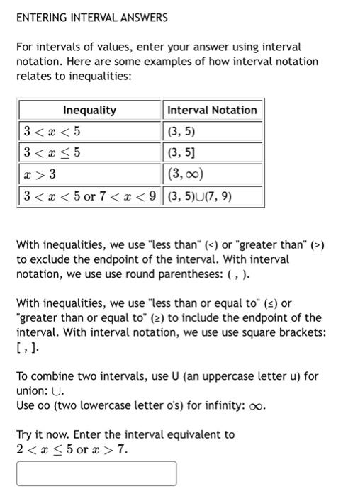 Solved ENTERING INTERVAL ANSWERS For intervals of values, | Chegg.com