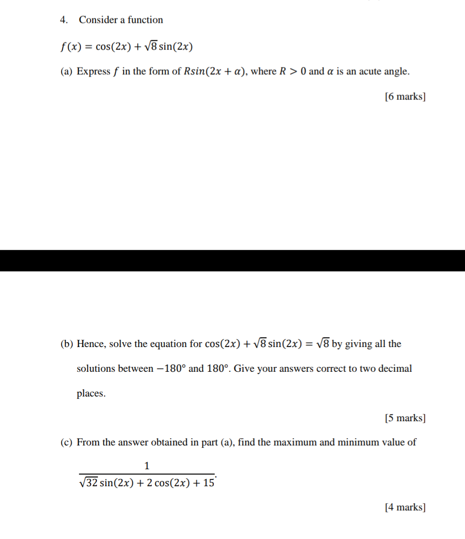 Solved 4. Consider a function f(x)=cos(2x)+8sin(2x) (a) | Chegg.com