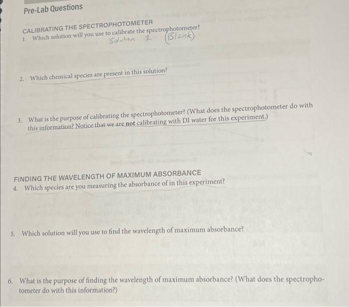 PreLab Questions CALIBRATING THE SPECTROPHOTOMETER