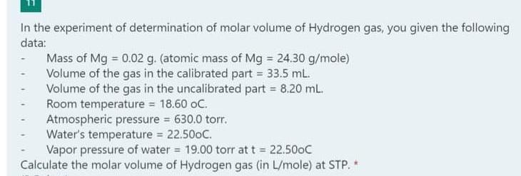 Solved In the experiment of determination of molar volume of | Chegg.com