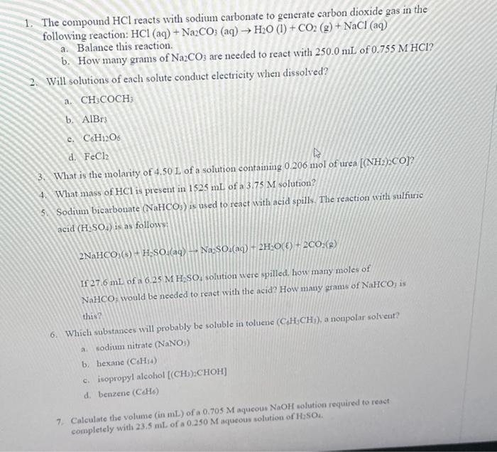 Solved 1. The compound HCl reacts with sodium carbonate to | Chegg.com