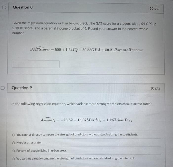 Solved Question 8 10 pts Given the regression equation | Chegg.com