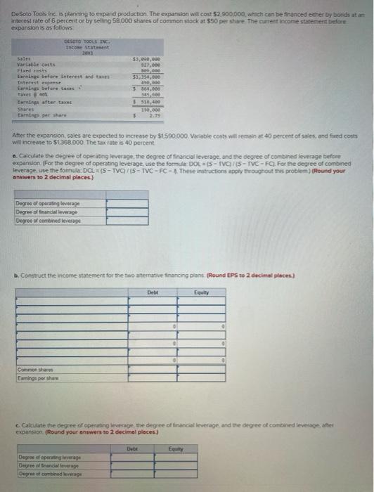 Solved DeSoto Tools Inc is planning to expand production The | Chegg.com