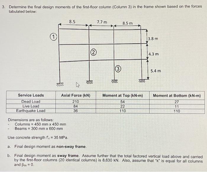 3. Determine the final design moments of the first-floor column (Column 3) in the frame shown based on the forces
tabulated b
