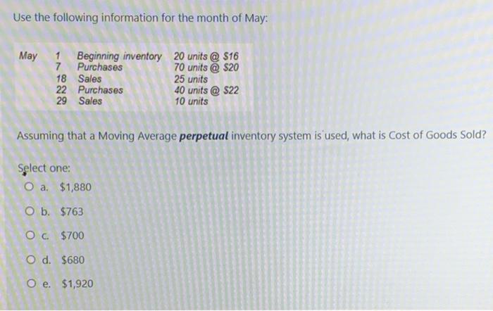 Solved Use the following information for the month of May: | Chegg.com