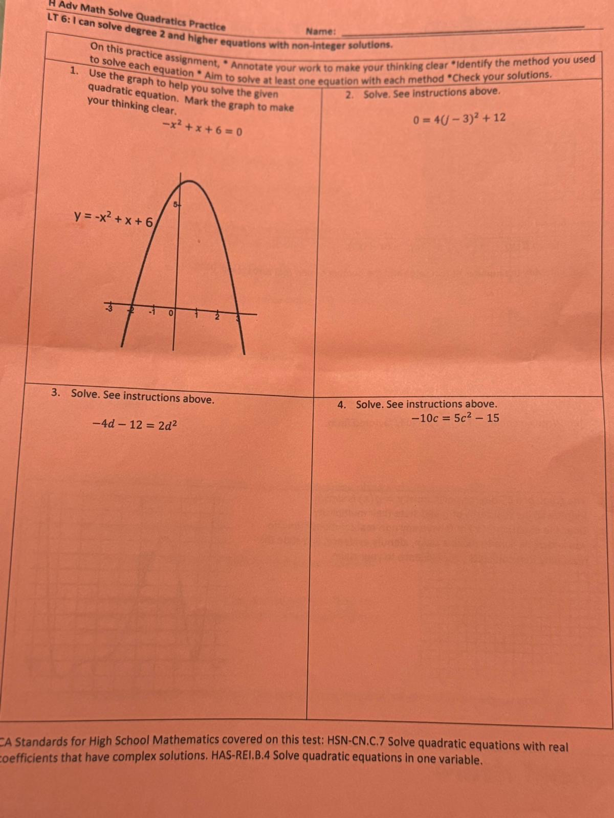 Solved H Adv Math Solve Quadratics PracticeLT 6: I can solve | Chegg.com