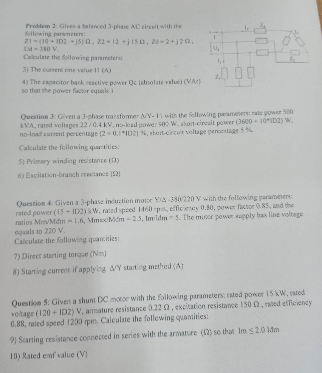 Solved Problem 2: Given A Balanced 3-phase AC Circuit With | Chegg.com