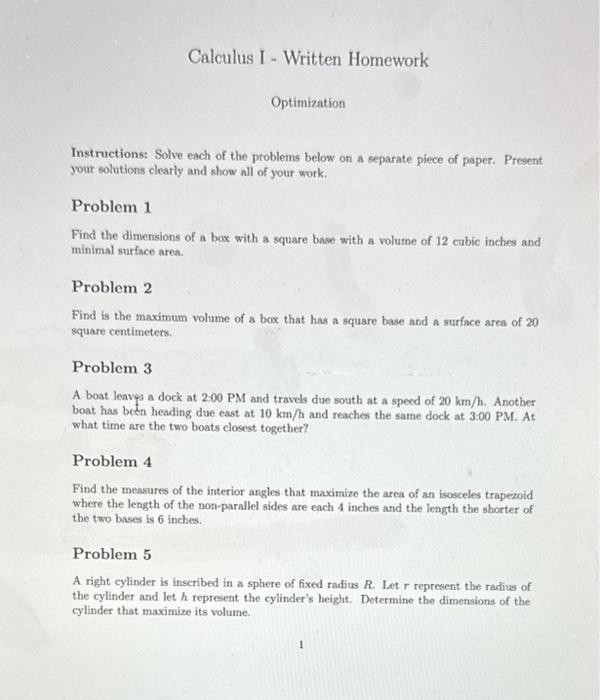 Solved Calculus I - Written Homework Optimization | Chegg.com