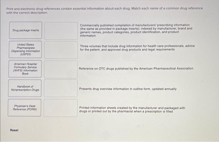 Print and electronic drug references contain essential information about each drug. Match each name of a common drug referenc