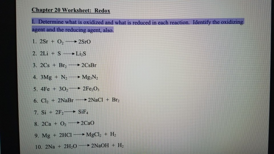 Solved Chapter 20 Worksheet: Redox I. Determine what is | Chegg.com