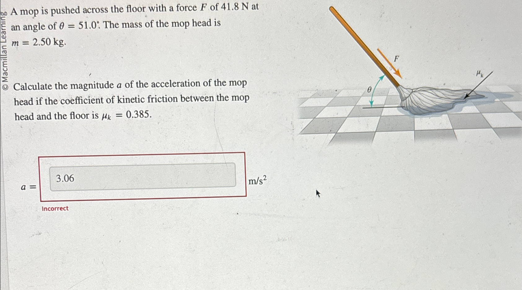 Solved A mop is pushed across the floor with a force F ﻿of