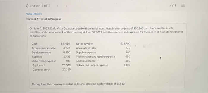 Solved Question 1 of 1 -/1 E View Policies Current | Chegg.com