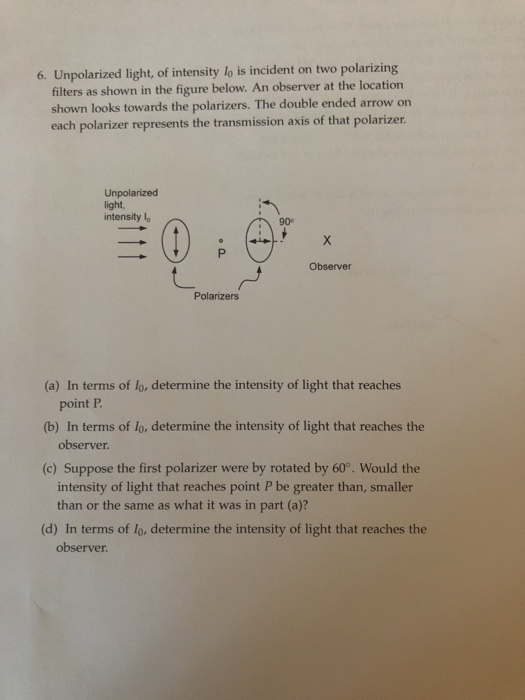 Solved 6. Unpolarized light, of intensity lo is incident on | Chegg.com