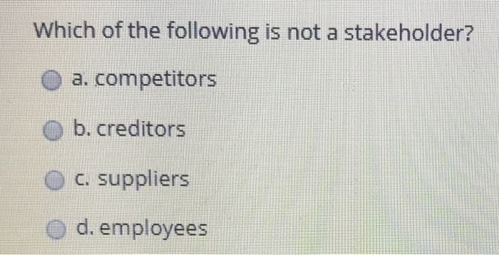 Solved Which Of The Following Is Not A Stakeholder? O A. | Chegg.com