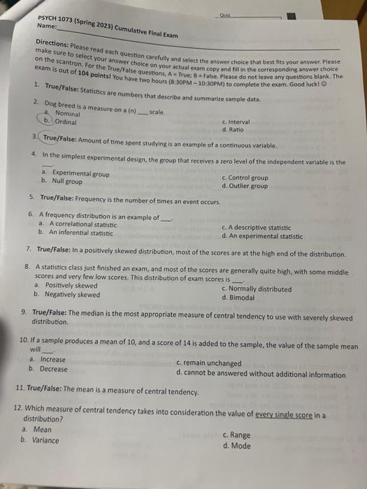 Solved Directions: Please read each question carefully and | Chegg.com