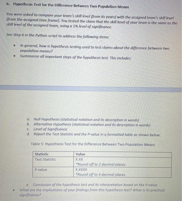 Solved 6. Hypothesis Test for the Difference Between Two | Chegg.com