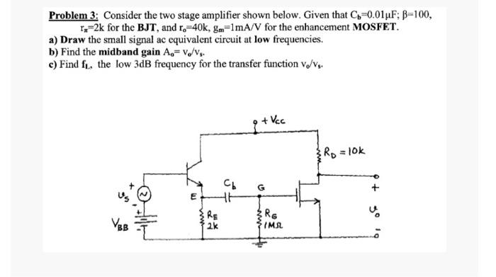 Solved Problem 3: Consider the two stage amplifier shown | Chegg.com