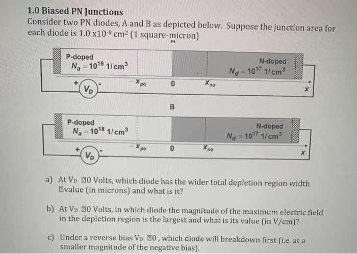 1.0 biased pn junctions consider two pn diodes, a and b as depicted below. suppose the junction area for each diode is 1.0 x1