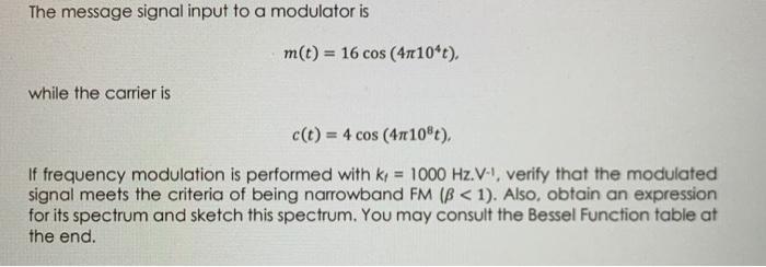 Solved The message signal input to a modulator is m(t) = 16 | Chegg.com