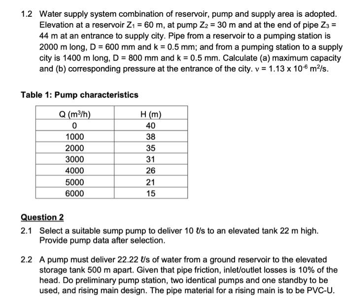 Solved 1.2 Water Supply System Combination Of Reservoir, | Chegg.com