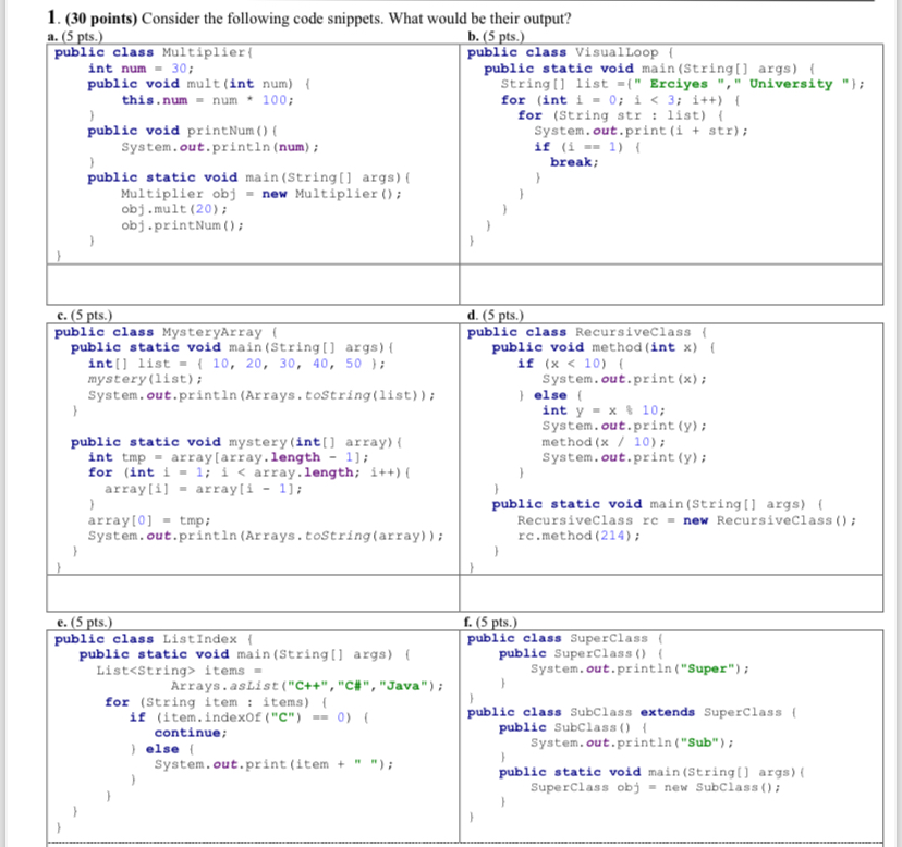 Solved ( 30 ﻿points) ﻿Consider The Following Code Snippets. | Chegg.com