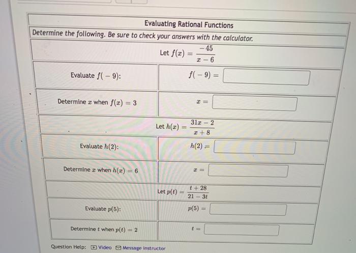 Solved Evaluating Rational Functions Determine the | Chegg.com