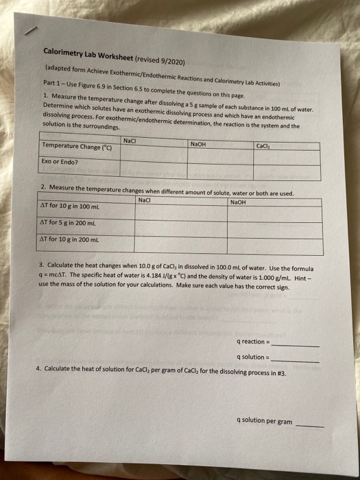 Solved Calorimetry Lab Worksheet (revised 9/2020) (adapted | Chegg.com