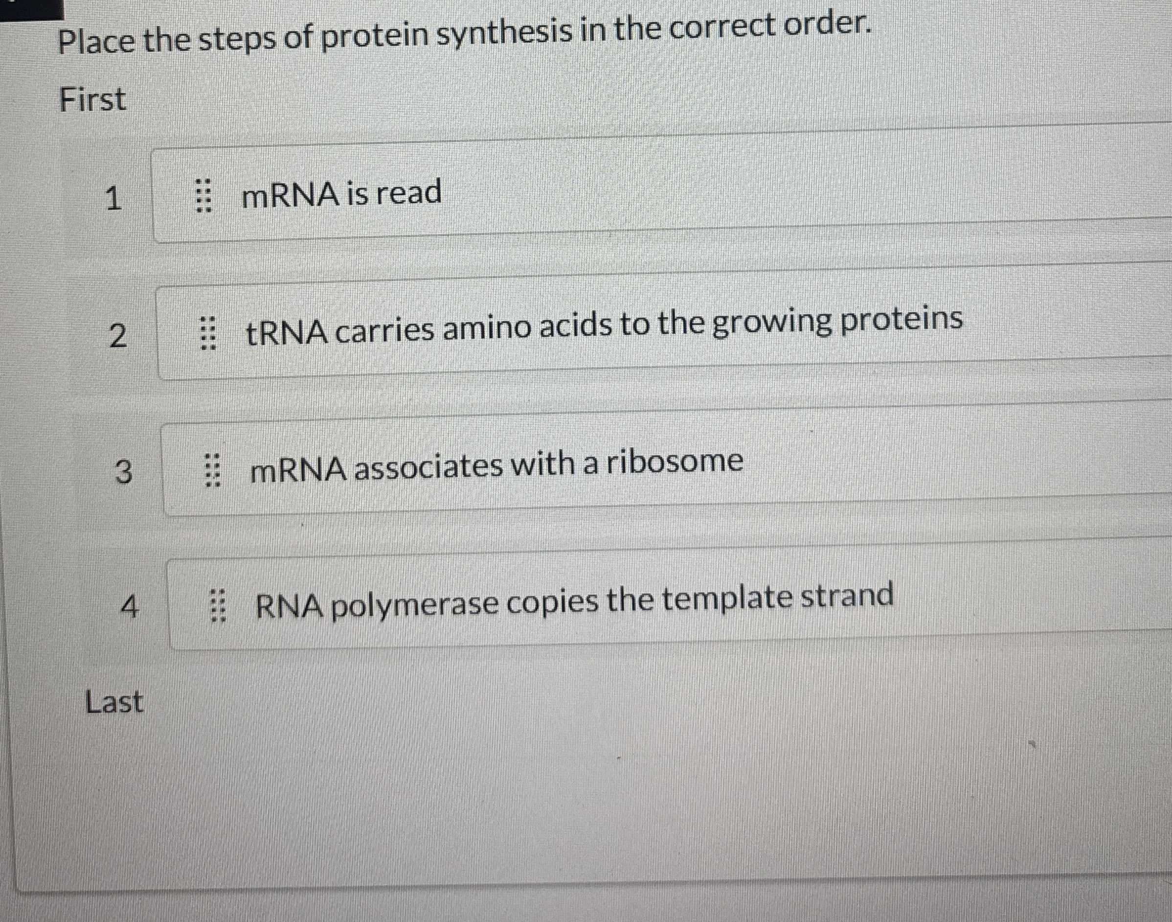 Solved Place the steps of protein synthesis in the correct | Chegg.com