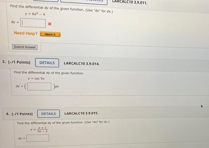 Solved CALC10 3 9 011 Find The Differential Dy Of The Given Chegg