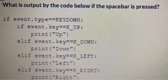 Solved What is output by the code below if the spacebar is | Chegg.com