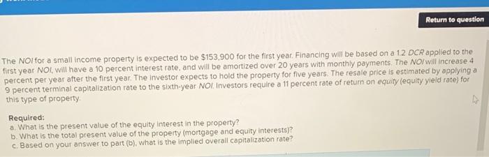 Solved The NOI For A Small Income Property Is Expected To Be | Chegg.com