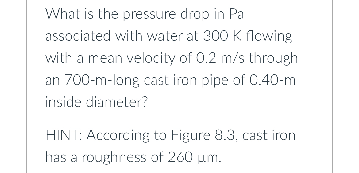 What is the pressure drop in Pa associated with water