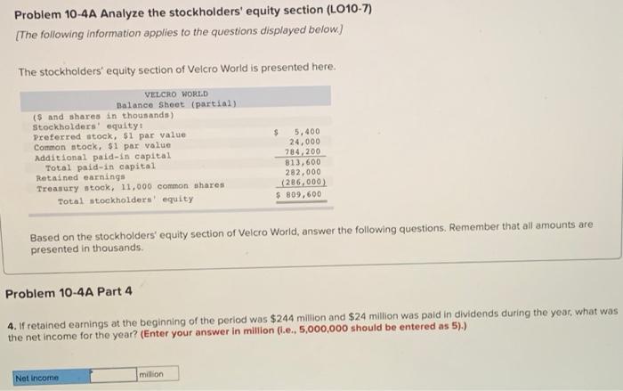 Solved Problem 10-4A Analyze the stockholders' equity | Chegg.com