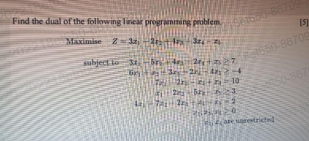 Solved Find the dual of the following linear programming | Chegg.com