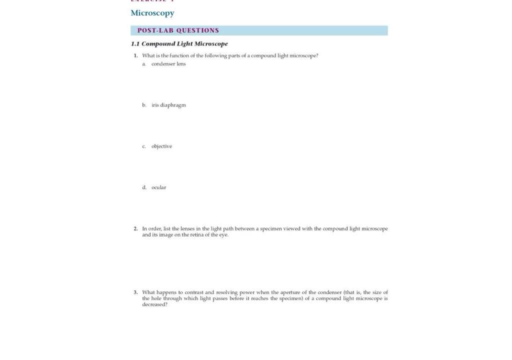 Solved MicroscopyPOST-LAB QUESTIONS1.1 ﻿Compound Light | Chegg.com