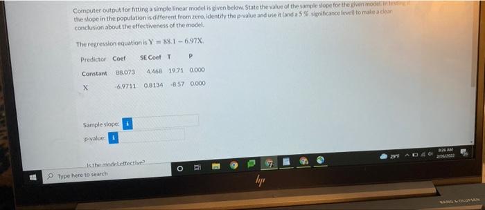 Solved Computer output for hitting a simple linear model is | Chegg.com