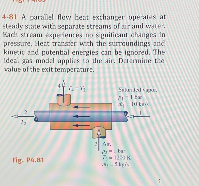 4-81 A parallel flow heat exchanger operates at steady state with separate streams of air and water. Each stream experiences