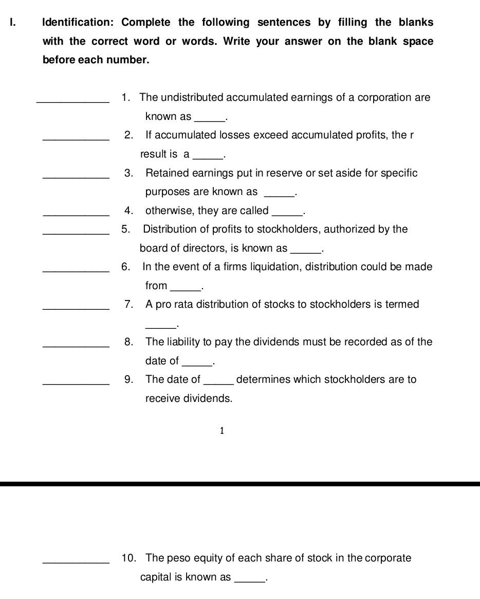 Solved Identification: Complete the following sentences by | Chegg.com