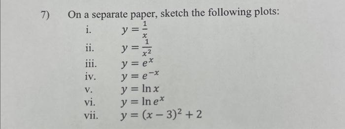 7) On a separate paper, sketch the following plots: i. \( y=\frac{1}{x} \) ii. \( y=\frac{1}{x^{2}} \) iii. \( \quad y=e^{x}