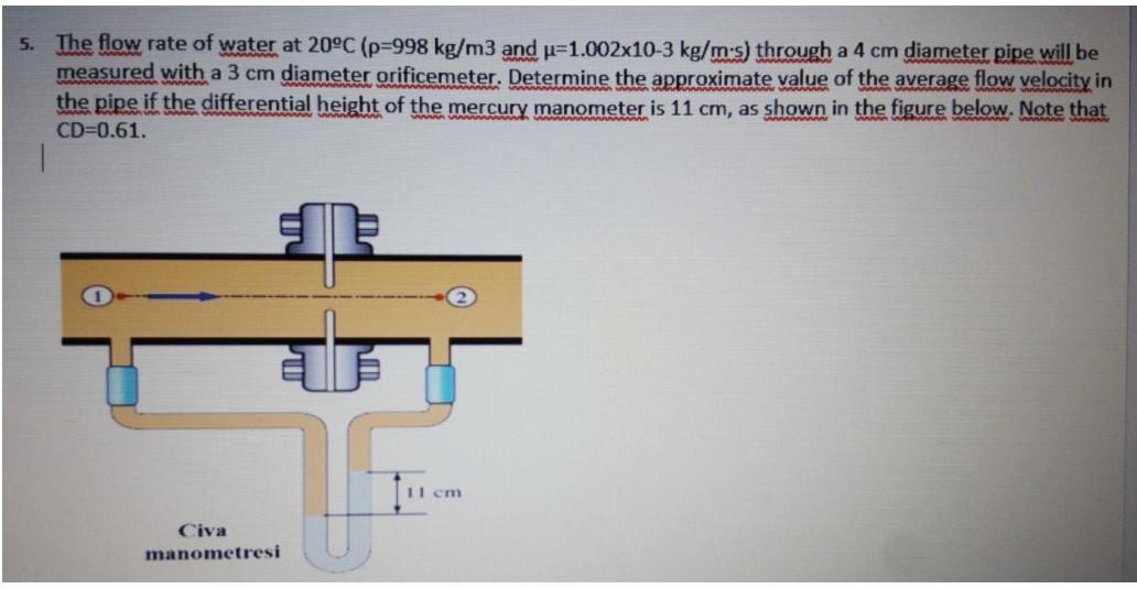 Solved 5. The flow rate of water at 20°C (p=998 kg/m3 and | Chegg.com