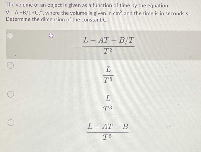 Solved The volume of an object is given as a function of | Chegg.com
