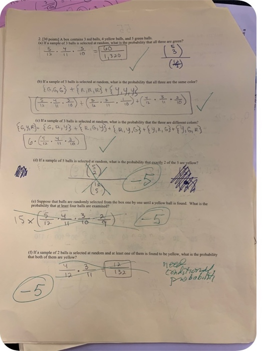 Solved 2. [30 points) A box contains 3 red balls, 4 yellow | Chegg.com