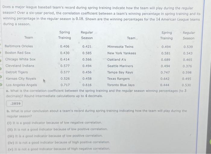 Solved Does a major league baseball team's record during | Chegg.com
