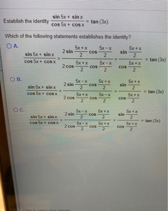 Solved sin 5x + sinx Establish the identity tan (3x) cos 5x | Chegg.com